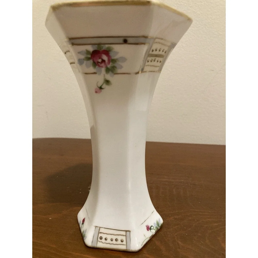 Vintage Hand Painted Porcelain Floral‎ Bud Vase Gold Gilt Moriage Hexagonal 6